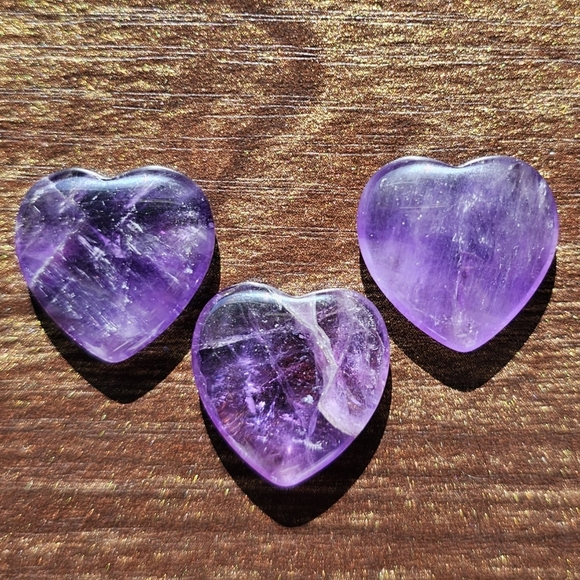 Amethyst 3 Pc Crystal Heart Carvings Gemstones Purple - Picture 5 of 11